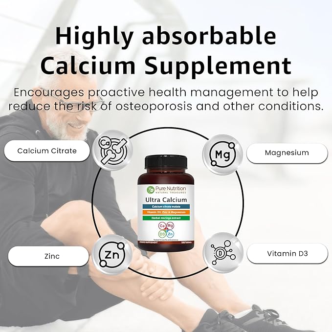 Pure Nutrition Ultra Calcium Citrate 1000mg Highly absorbable Calcium Supplement with Calcium Citrate Malate Vitamin D Zinc and Magnesium - 1 Tablet Daily (180 Veg Tabs) Non-GMO | Gluten-Free