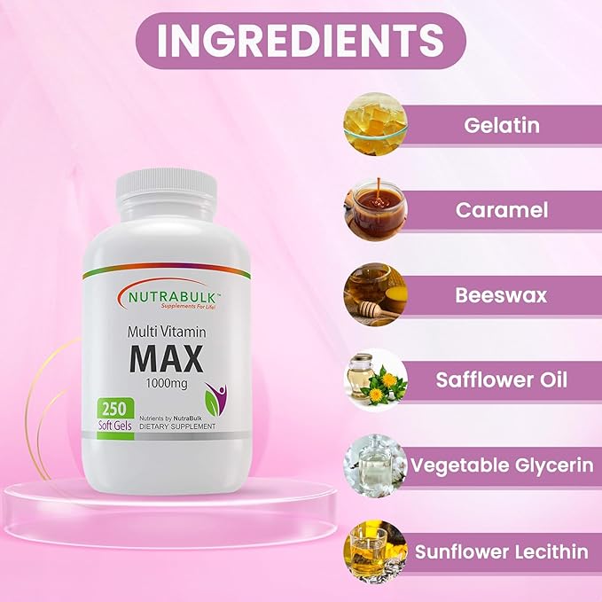NutraBulk Multi-Vitamin MAX Well Absorbed Soft Gels - Potentially Supports Overall Wellbeing &amp Immune Boosts Energy &amp Metabolism - Complete Daily Nutrition- 1000mg 250 Soft Gels