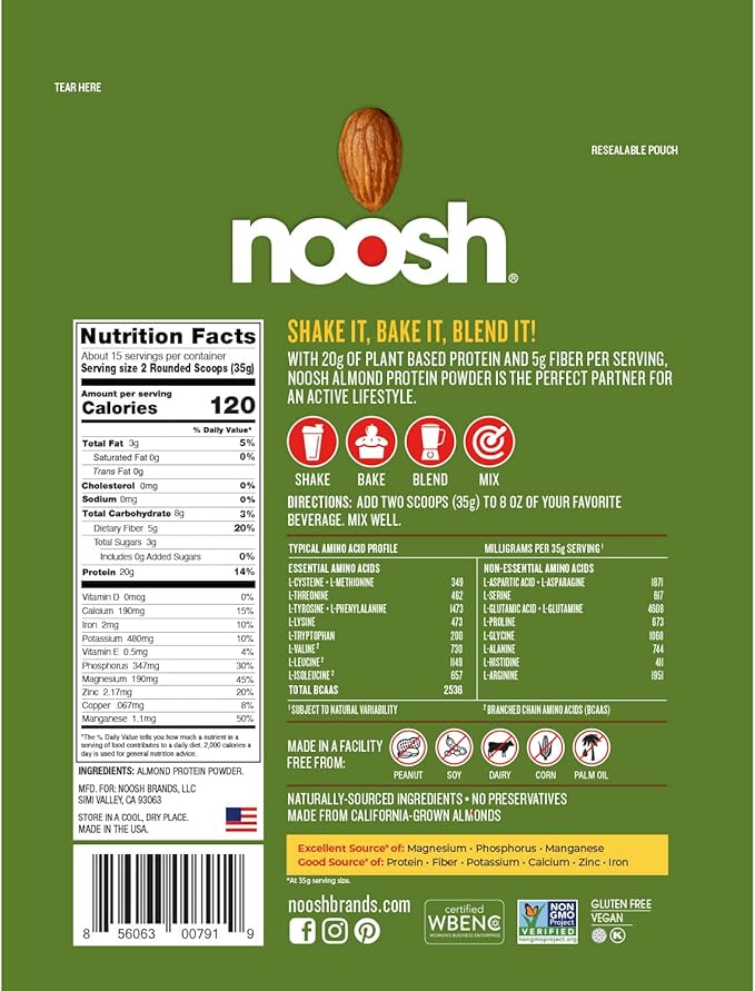 NOOSH Plant Based Almond Protein Powder Unflavored 35 Gram - Vegan All Natural Ingredients Non-GMO Gluten Free Kosher Peanut Free Soy Free Dairy Free (Unflavored)