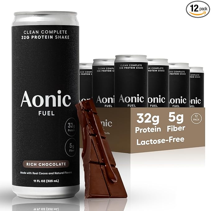 Aonic Fuel 32g Protein Shake 5g Fiber Lactose-Free Complete Amino Acid Profile No Added Sugar Made with Real Cocoa 11 fl oz (Pack of 12) - Rich Chocolate