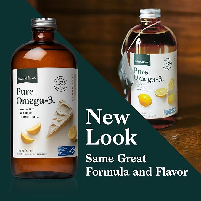 Natural Force Pure Omega 3 - Liquid Fish Oil - Delicious Lemon Cake Flavor - Mercury Free Wild Caught Lab Tested - 1326 mg Triglyceride EPA DHA &amp DPA - 16 Oz Glass Bottle