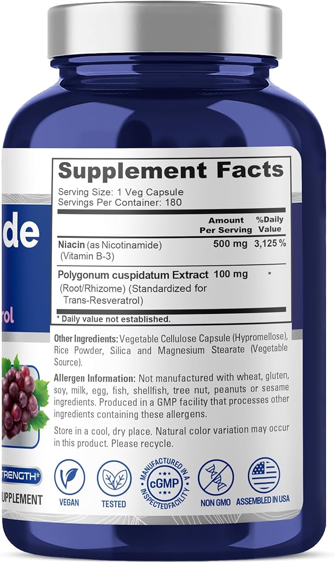 NusaPure Nicotinamide with Resveratrol (Vitamin B-3) 500 mg - 180 Vegetarian Caps (Non-GMO &amp Vegan)