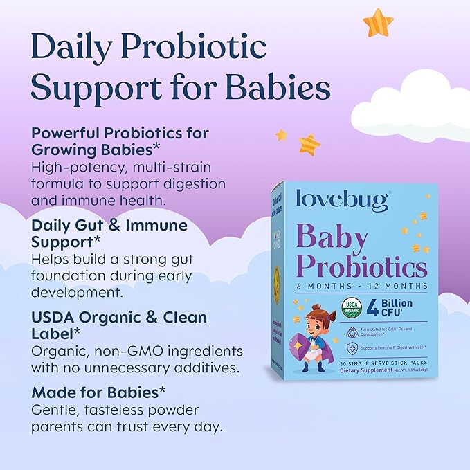 LOVEBUG Probiotics for Babies - Organic Baby Probiotics 6-12 Months for Baby Immune Support Gas Colic Diarrhea &amp Infant Constipation Relief Sugar-Free Tasteless Powder 30 Pack