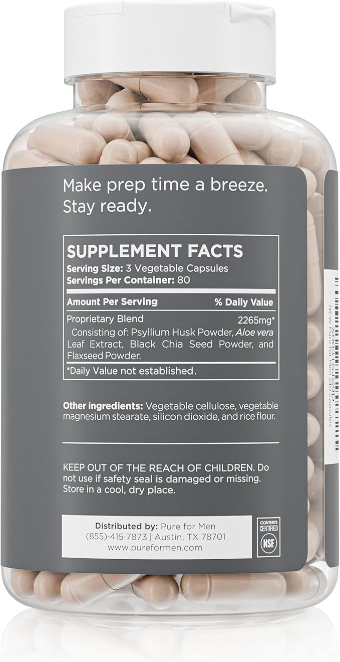 Pure for Men Original Cleanliness Stay Ready Fiber Supplement | Helps Promote Digestive Regularity | Psyllium Husk Aloe Vera Chia Seeds Flaxseeds | Proprietary Formula | 240 Vegan Capsules