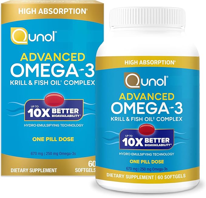 Qunol Advanced Omega 3 Krill and Fish Oil Complex 10x Better Bioavailability One Pill Dose 250mg EPA &amp DHA Supports Brain Eye Heart and Joint Health 60 Count (Pack of 1)