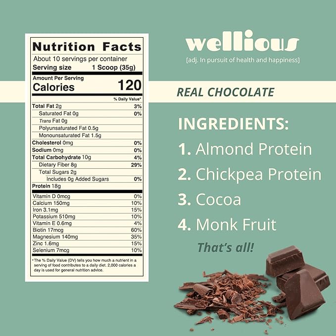 wellious Almond Protein Powder Bundle (1 Chocolate &amp 1 Unflavored) - 18 Grams of Pure Healthiest Vegan Protein - Gluten-Free Soy-Free Gut Friendly Protein Powder for Sports Nutrition