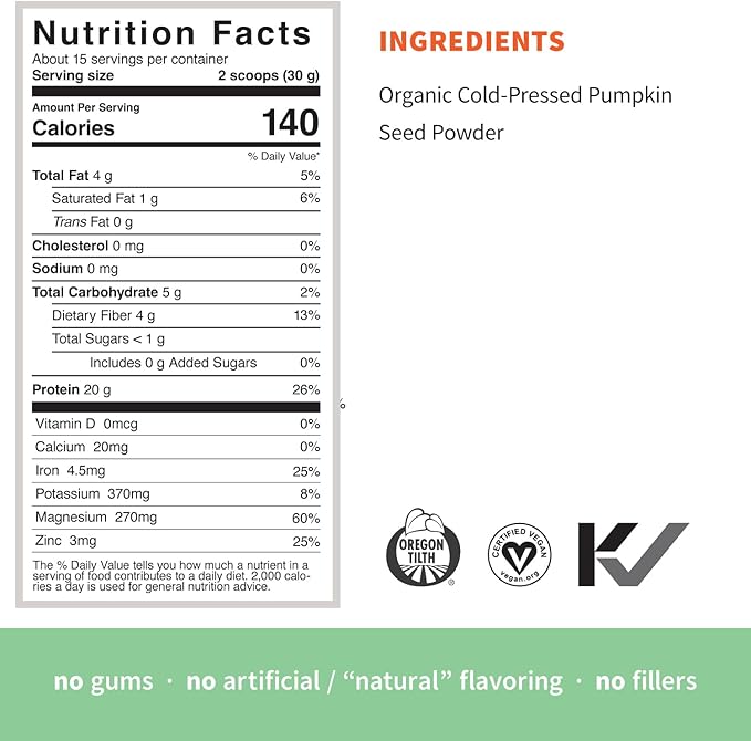 Sprout Living Organic Pumpkin Seed Protein Powder Unflavored 20 Grams of Plant Based Protein Powder Without Artificial Sweeteners Non Dairy Non-GMO Vegan Gluten Free (1 Pound 15 Servings)