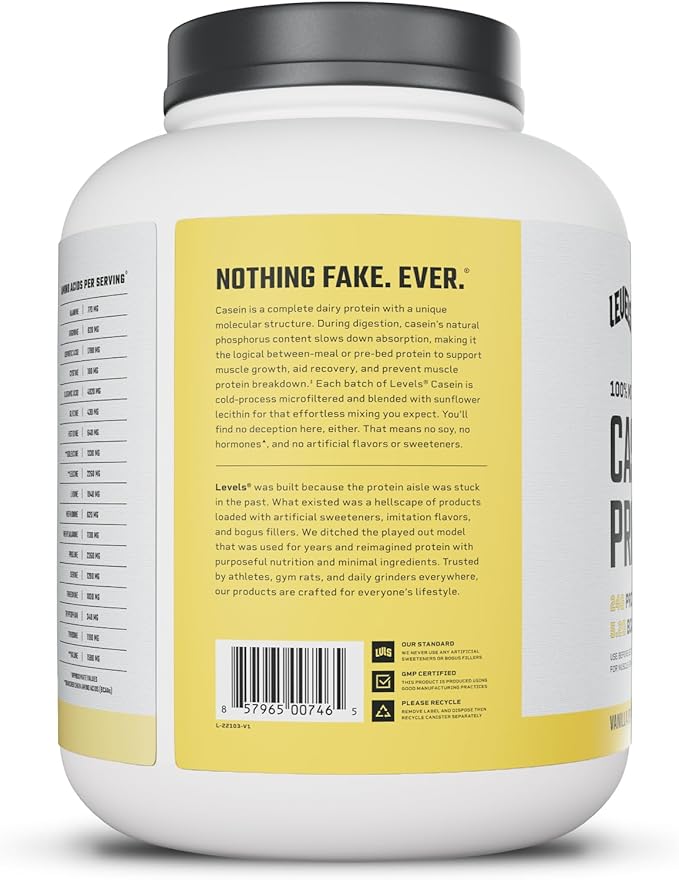 Levels 100% Micellar Casein Protein Hormone Free Vanilla Bean 4LB