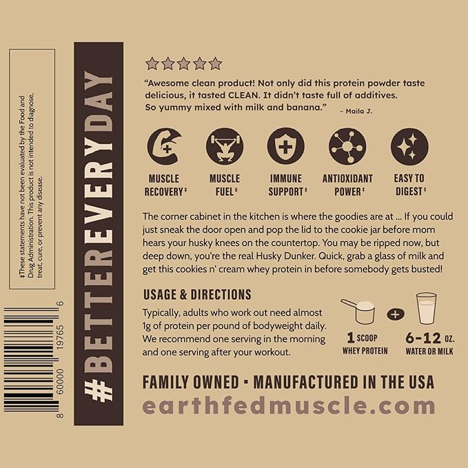 Earth Fed Muscle Husky Dunker Cookies N' Cream Truly Grass Fed Whey Protein Powder - No Artificial Ingredients Soy Free Non-GMO and Hormone Free (2 Pound 27 Servings Cookies n' Cream)