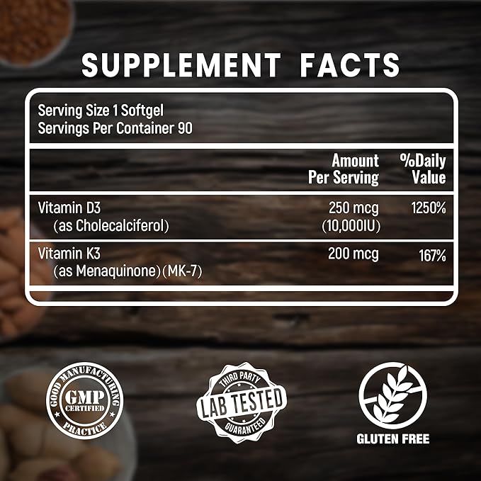 VANI (10000 IU) D3 + K2 Vitamins 2-in-1 Complex Vitamin D3 K2 Supplement Support Bone &amp Muscle &amp Teeth Health 90 SOFTGELS
