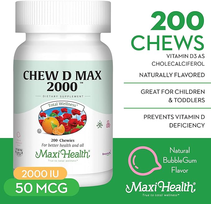 Maxi Health Chewable Vitamin D3 2000 IU Supplement - Delicious Natural Bubble Gum Flavor - Supports Calcium Absorption Immune and Bone Health in Adult Women Men Children &amp Toddlers - 200 Chews