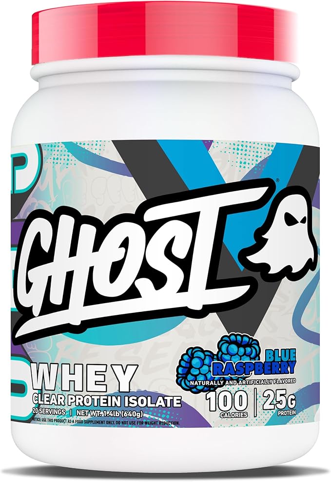 GHOST Clear Whey Isolate Protein Powder Blue Raspberry - 1.4 LB Tub 25G of Whey Protein - Post Workout Drink for Muscle Gain &amp Recovery – Sugar Free Soy Free &amp Zero Fat 20 Servings