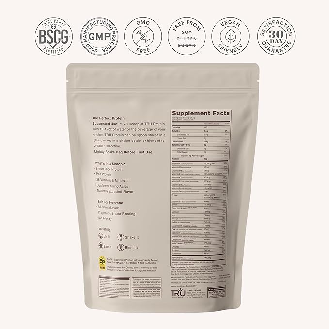 TRU Supplements Plant Based Protein Powder BCAA EAA 20g Vegan Brown Rice &amp Pea Protein 100 Calories 27 Vitamins No Artificial Flavors 25 Servings (Natural Chocolate Cream)