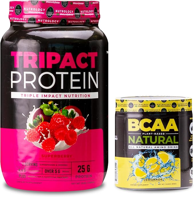 Nutrology TRIPACT Protein Powder 7-in-1 Meal Replacement Shake Superberry (40 Servings) BCAA Natural Plant Based BCAA Powder Lemonade Flavor (30 Servings)