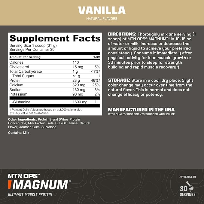 MTN OPS Magnum Protein Powder 23g Protein per Serving Whey Protein Blend with BCAAs Low Sugar Gluten Free 30 Servings Vanilla