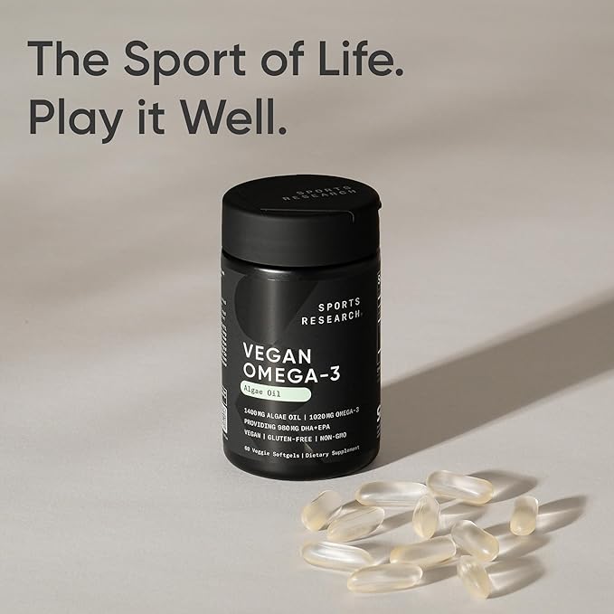 Sports Research Vegan Omega-3 Fish Oil Alternative from Algae Oil - Highest Levels of Vegan DHA &amp EPA Fatty Acids | Non-GMO Tested &amp Vegan Certified - 60 Veggie Softgels (Carrageenan Free)