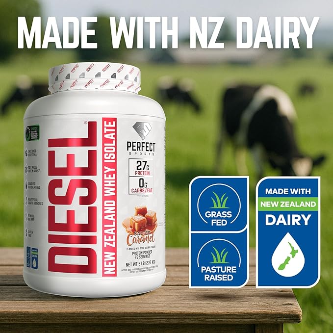 PERFECT SPORTS Diesel 100% New Zealand Whey Protein Isolate | Stevia Sweetened No Artificial Ingredients Keto | 0g Carb 0g Fat 27g Protein | 5 Pounds (Salted Caramel)