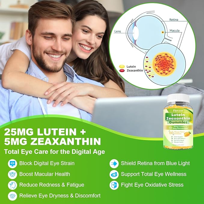Sugar Free Lutein Gummies 25mg Lutein and Zeaxanthin Supplements for Eye Health 13-in-1 Eye Care Formula with Omega-3 Bilberry Saffron-Vision Health Eye Strain Dry Eyes Vegan Mango Flavor 120 Ct