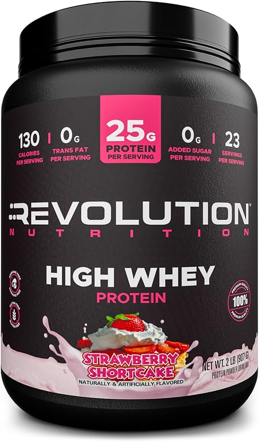 Revolution Nutrition High Whey Protein Powder 2LB Whey Isolate Gluten Free Lean Muscle Mass for Men &amp Women 25g of Protein Per Scoop 908 g 24 Servings (Strawberry Shortcake 2 Pound)