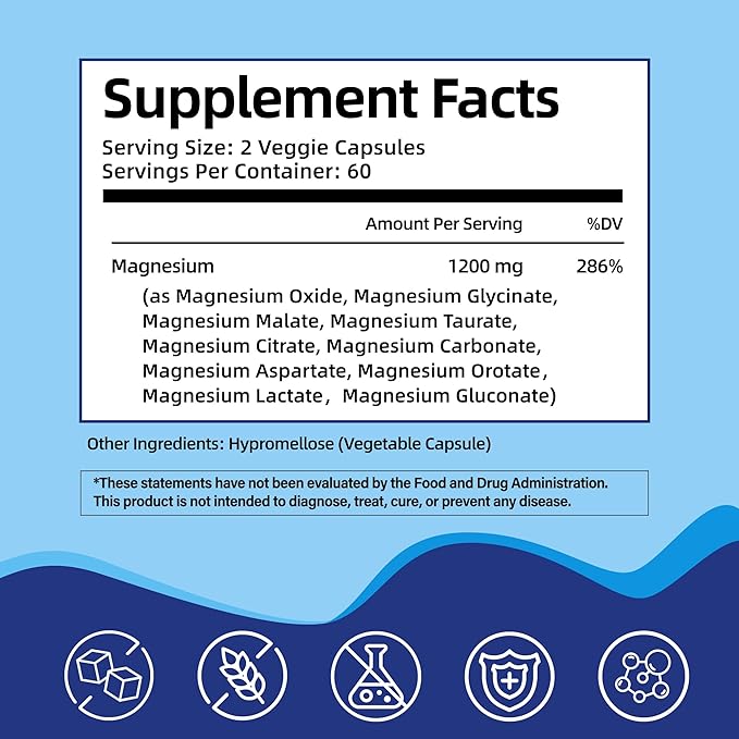 Magnesium Complex Supplement with 10 Forms of Elemental Magnesium 1200 mg per Serving Magnesium Glycinate Citrate Malate &amp Taurate High Absorption Vegan Capsules Non-GMO