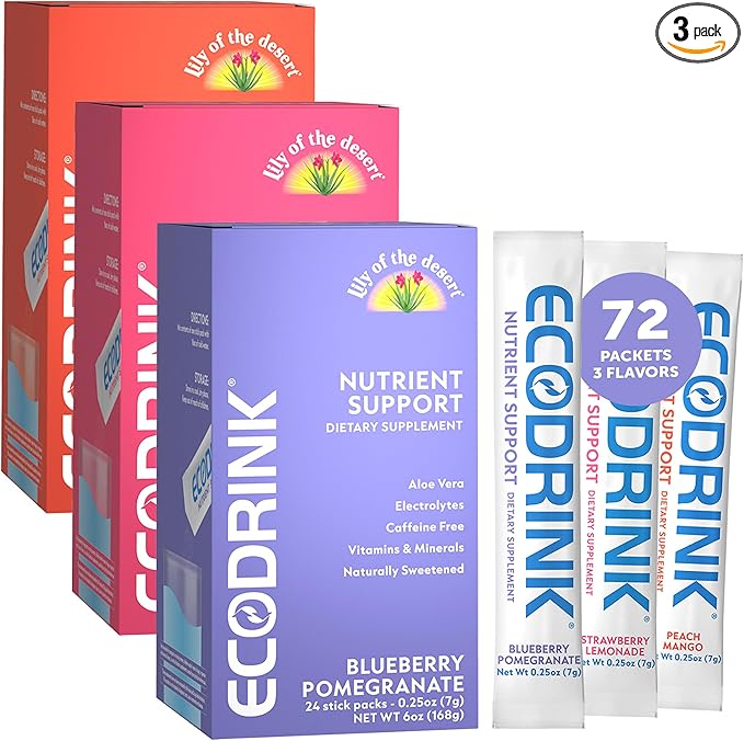 Lily of The Desert EcoDrink Nutrient Support Hydration Packets (3 Flavors) – Naturally Sweetened Multivitamin Electrolyte Mix with Aloe 24 Stick Packs/Box 0.25 Oz Ea