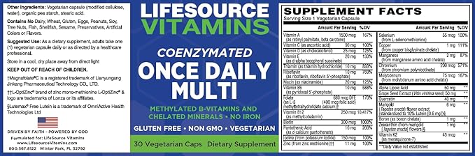 LSV LifeSource Vitamins Coenzymated Once Daily Multi Methylated B-Vitamins Chelated Minerals Iron-Free Vegetarian (30 Caps)