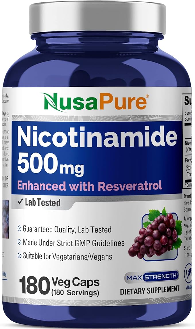 NusaPure Nicotinamide with Resveratrol (Vitamin B-3) 500 mg - 180 Vegetarian Caps (Non-GMO &amp Vegan)