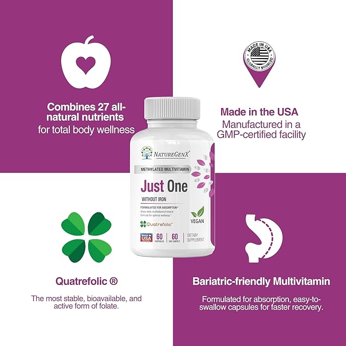 Just One Daily Methylated Multivitamin with Methyl B12 Quatrefolic Methylfolate Pure MTHFR Supplement for Men and Women Without Iron 2 Bottles (60 Vegan Capsules) USA-Made