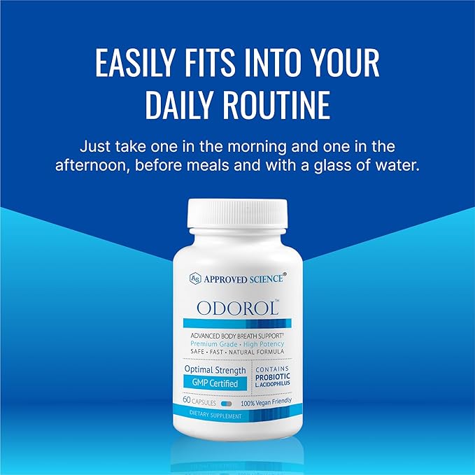 Approved Science Odorol - 60 Capsules - Freshen Bad Breath and Body Odor - Contains L.acidophilus Green Tea Magnolia Bark Peppermint Oil and Fennel - All Natural Vegan Friendly Non-GMO