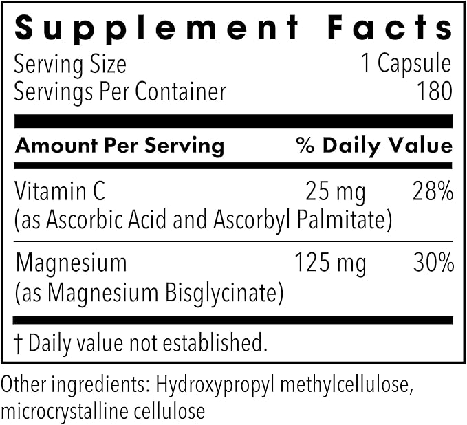 Metabolic Maintenance Magnesium Glycinate - Pure Magnesium Glycinate Powder Capsules with Vitamin C Chelated Mag for Sleep Health and Calm 125 mg Mag Bisglycinate - 180 Capsules