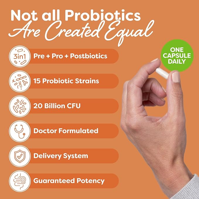 Probulin Total Care Probiotic Supplement Daily Gut Digestive and Immune Health Probiotics Capsules for Men and Women 20 Billion CFU Vegan 30 Count Bottle