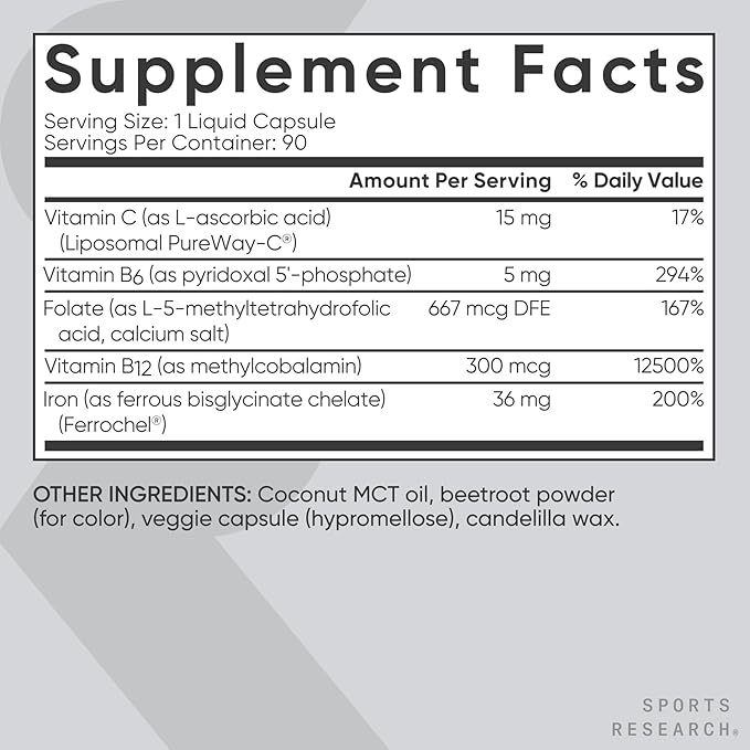 Sports Research® Blood Balance Iron Supplement - 36 MG Iron + Folate &amp Vitamin C for Absorption - Red Blood Cell Support for Women &amp Men* - Vegan Certified · Non-GMO · Gluten-Free - 90 Capsule
