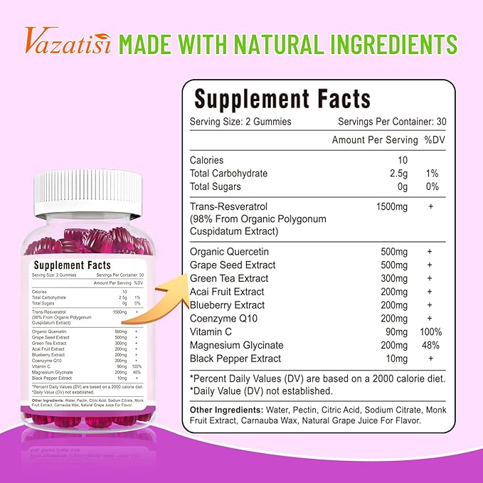 High Purity Resveratrol Gummies 98% Trans-Resveratrol with Quercetin Coq 10 Vitamin C Reservatrol Supplement for Antioxidant Anti-Aging 120 Gummies
