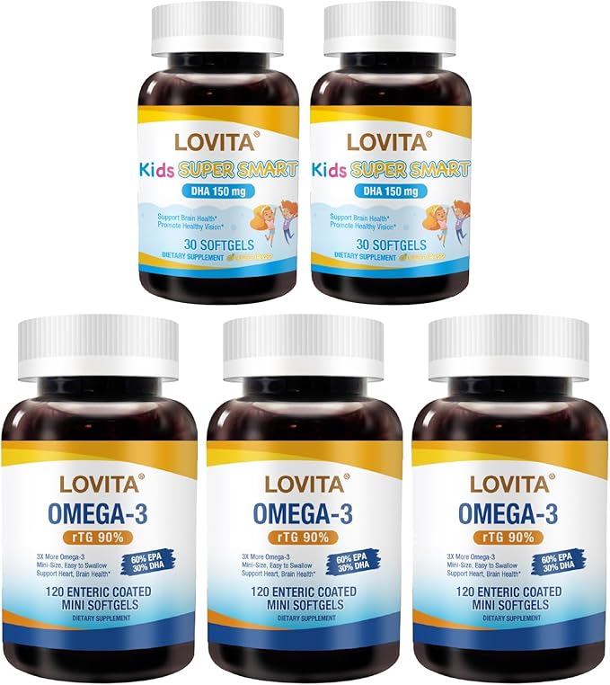 LOVITA Smart Family Bundle - 3 Adult Fish Oil (120ct) &amp 2 Kid’s DHA (30ct) Brain &amp Eye Health Support (5 Pc Set)