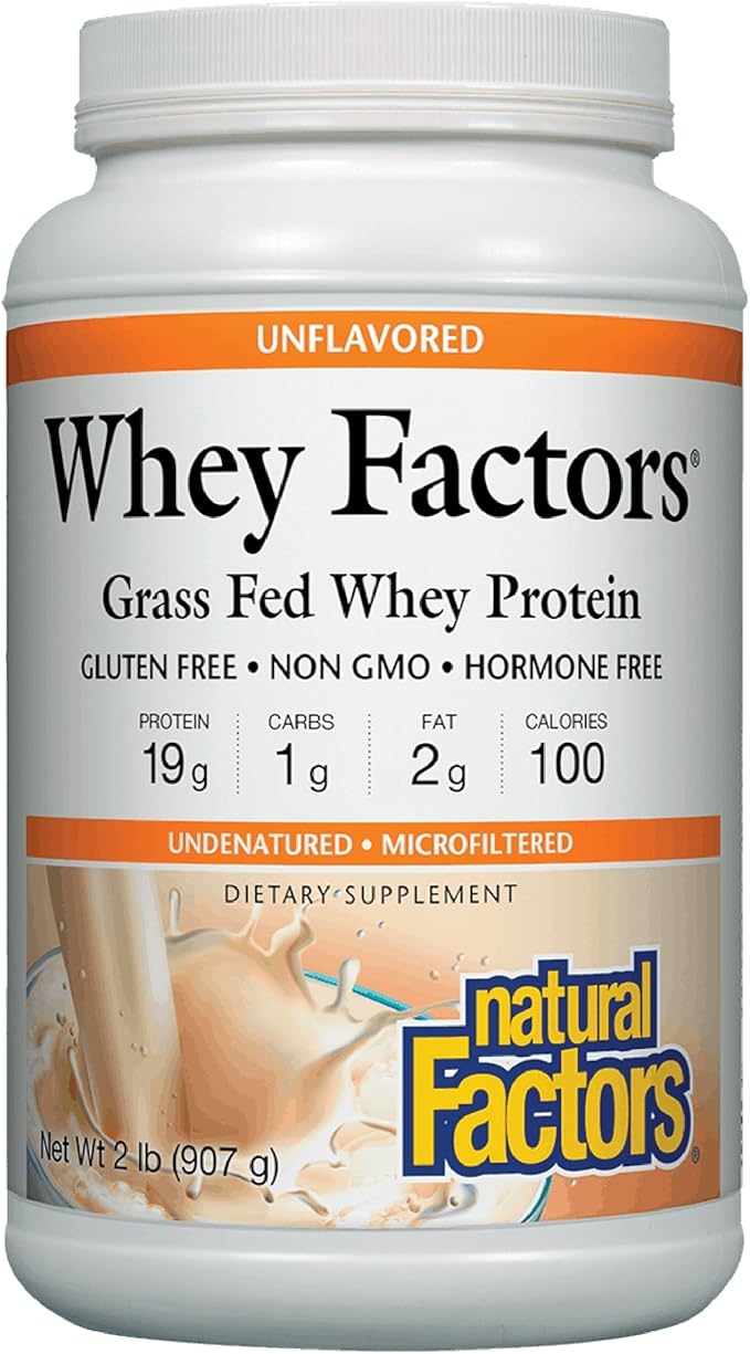 Whey Factors by Natural Factors Grass Fed Whey Protein Concentrate Aids Muscle Development and Immune Health Unflavored 2 lb