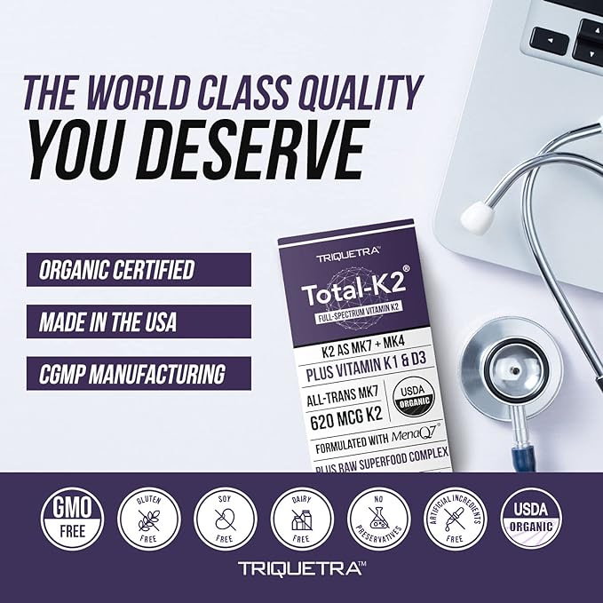 Total K2® | Vitamin K2 as MK7 &amp MK4 | Plus K1 &amp Vitamin D3 Cofactor - 620 mcg K2 per Serving - All-Trans MK7 from MenaQ7® - Full-Spectrum Vitamin K - Vegan Organic Certified (60 Capsules)