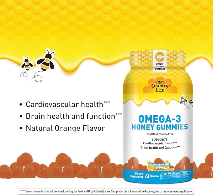Country Life Omega-3 Honey Gummies – Cardiovascular &amp Brain Health Support – Non-GMO Certified Gluten Free – Naturally Sweetened – 60 Gummies