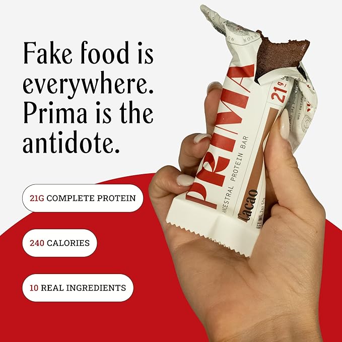 PRIMA ANCESTRAL PROTEIN BAR Grass Fed Protein Bars - 21G Protein – Animal-Based Protein Bar with Beef Tallow Raw Honey Seed Oil Free Low Carb Gluten-Free – Cacao - 7 Pack