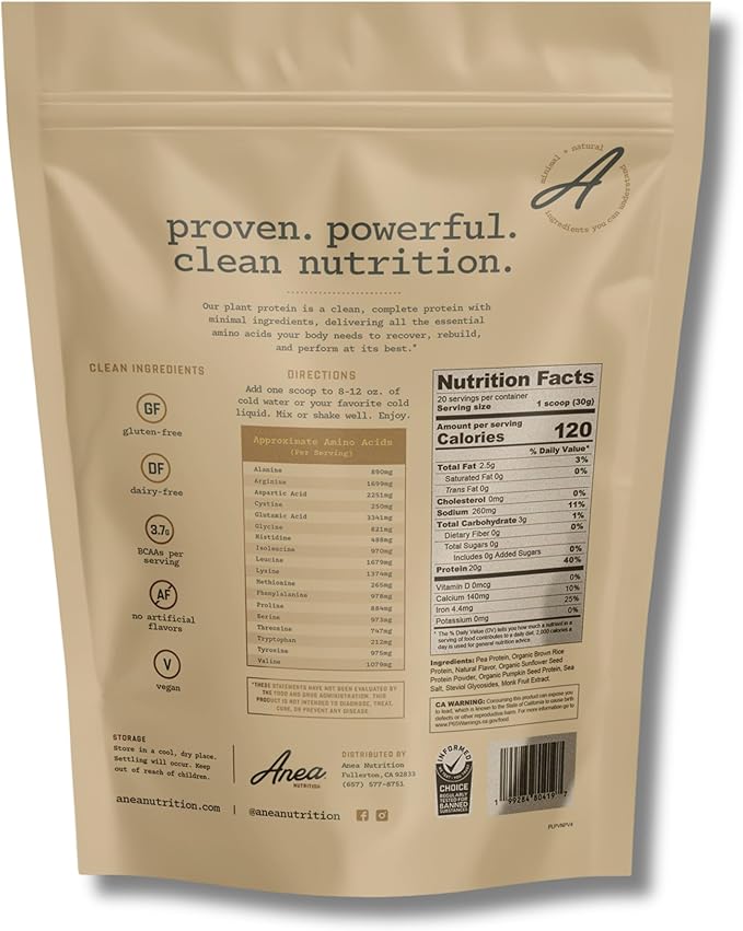 Anea Plant Protein - Vanilla | 20g Vegan Protein | Complete Amino Acids | Dairy-Free Gluten-Free Cholesterol-Free | Smooth Vanilla Flavor | Made in GMP Facility
