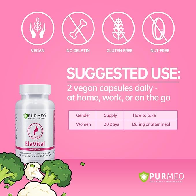 ElaVital Support Estrogen Dominance: Hormonal Imbalance PMS Breast Tenderness Mood Swings - DIM &amp Multivitamins Supplement for Women - Vegan Made in Germany 60ct