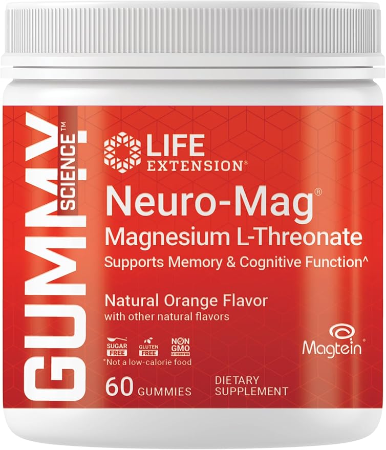 Life Extension Gummy Science™ Neuro-Mag® Magnesium L-Threonate Memory Support Quick Thinking cognition Magnesium Supplement Gluten-Free Non-GMO Orange Flavor 60 Gummies