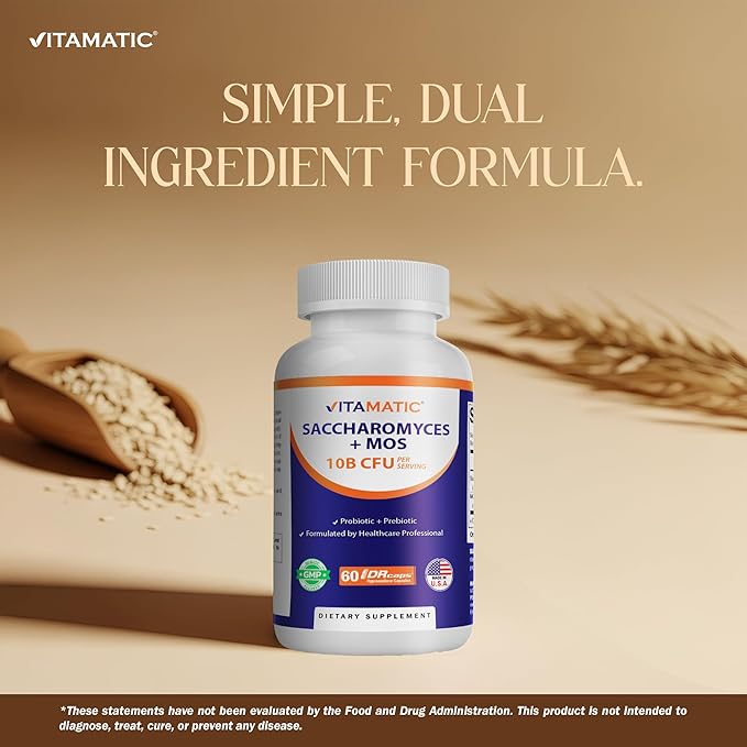 Vitamatic Saccharomyces Boulardii Probiotic 10B per Serving + Yeast Extract (MOS Yeast Fraction) 300 mg - 60 DR Capsules - Made in The USA-2 Pack