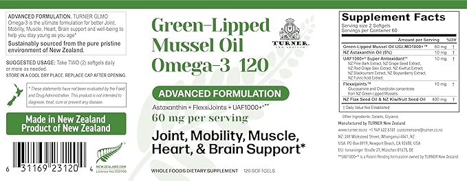 TURNER New Zealand Green Lipped Omega-3 Mussel Oil 53x Higher Potency with UAF1000+ Super Antioxidant for Superior Joint Comfort &amp Mobility No Fishy Aftertaste 1 Bottle 120 Softgels