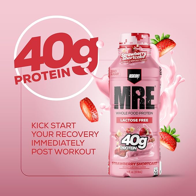 REDCON1 MRE Ready to Drink Protein Shake Strawberry Shortcake- Lactose Free RTD 40gr Protein Made with Real Whole Food Protein Blends - Easy to Digest Nutritional Shake (12 Pack)