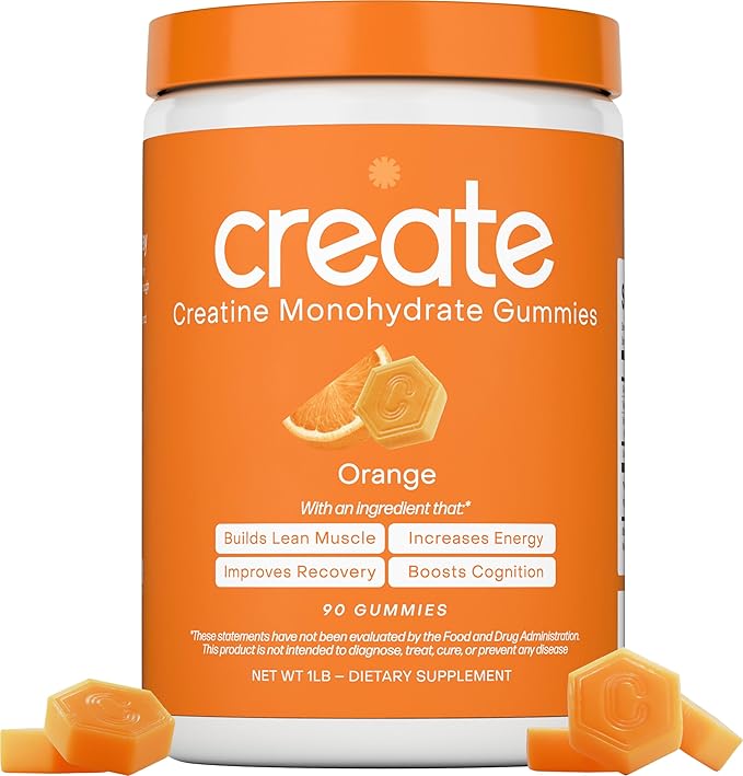 Create Creatine Monohydrate Gummies for Men &amp Women Boost Focus Strength and Endurance Anti-Melting Formula Vegan Gluten-Free Non-GMO 1.5g of Creatine per Gummy (Orange)