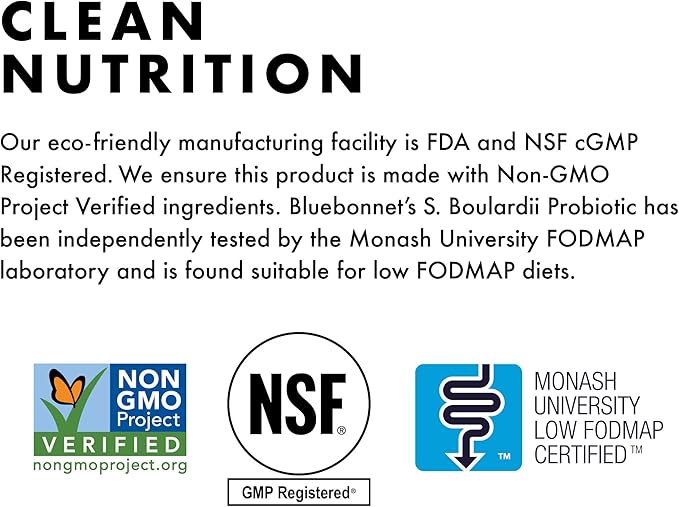 BlueBonnet Nutrition S. Boulardii Probiotic 10 Billion CFU^ w/Prebiotic Sunfiber – Shelf Stable - for Women &amp Men Digestion Gut Mood* - Non-GMO Vegan Free of Gluten Dairy &amp Soy - 30 Servi