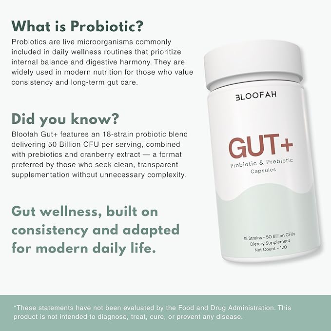 Gut+ Probiotic &amp Prebiotic Capsules for Women – 50 Billion CFU 18 Strain Formula with Cranberry Extract – Daily Gut Digestive &amp Balance Support – Clean Label Supplement – 120 Capsules
