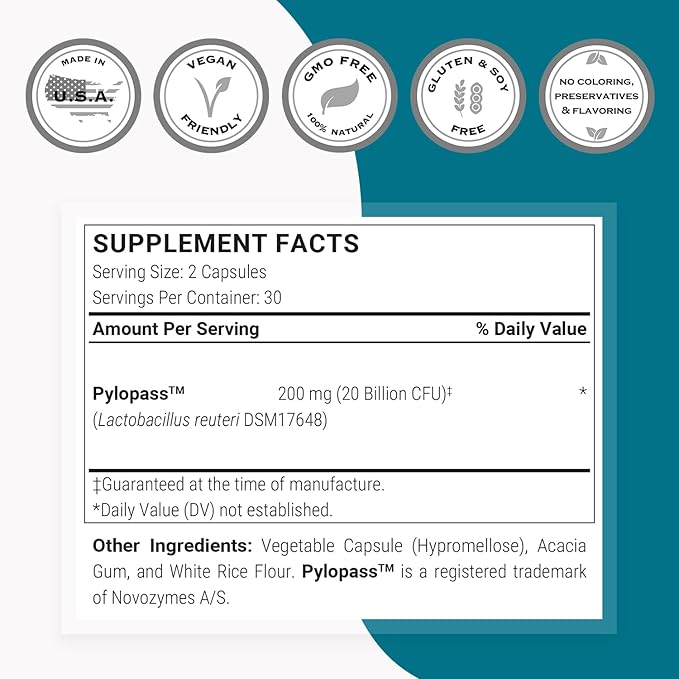 Supersmart H. Pylori Formula 20 Billion CFU per Day - Natural Probiotic Lactobacillus Reuteri DSM 17648 Supplement | Non-GMO &amp Gluten Free - 60 Vegetarian Capsules