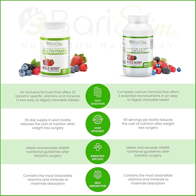 BariSlim Bariatric Calcium Citrate &amp Advanced Chewable Bariatric Multivitamin with Iron - Bariatric Vitamin and Supplement for Post Bariatric Surgery Including Gastric Bypass and Gastric Sleeve