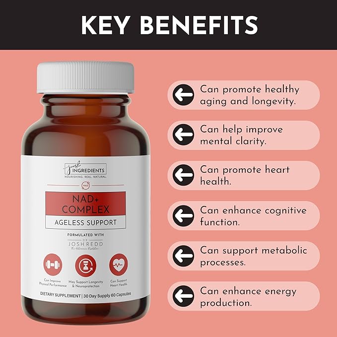 JUST INGREDIENTS NAD+ Supplement – 60 Capsules – Supports Cellular Energy Healthy Aging Mitochondrial Function &amp DNA Repair – with Nicotinamide Riboside Resveratrol Beet Root &amp NAD3® Compl